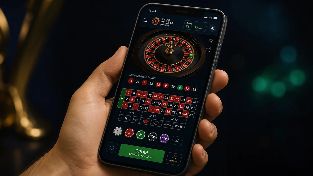 Tela de roleta online em smartphone com botões legíveis e histórico visível