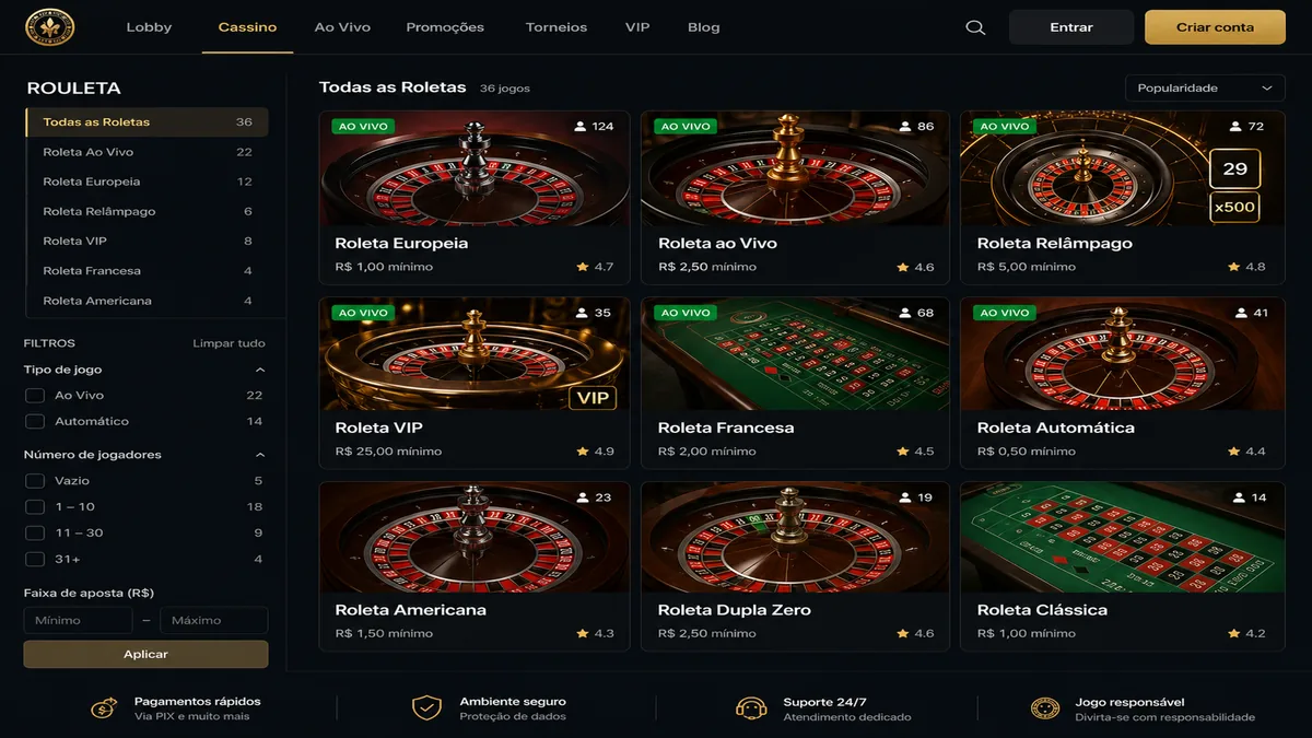 Lobby de roleta online com filtros, lista de mesas e critérios visíveis